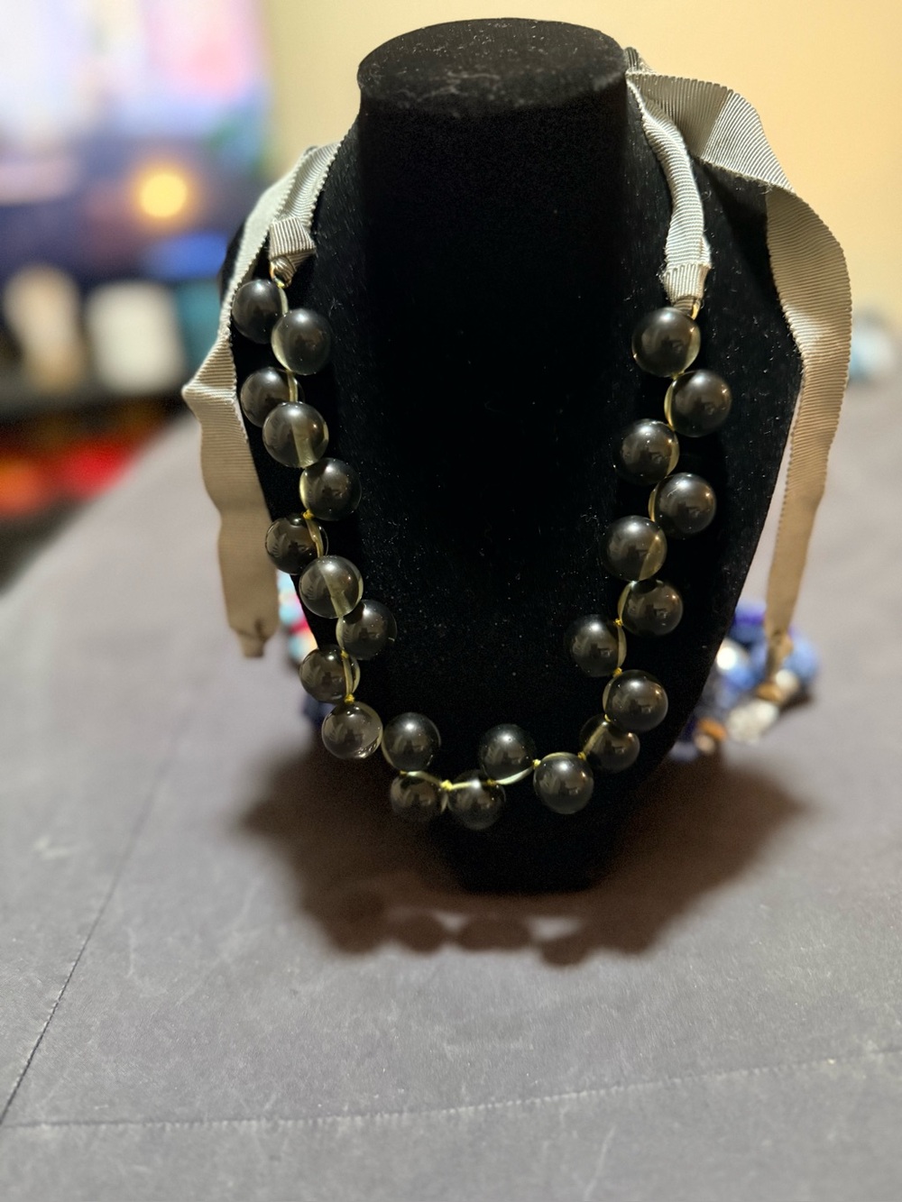 Black Bead Ribbon Necklace - Elegant Women's Jewelry